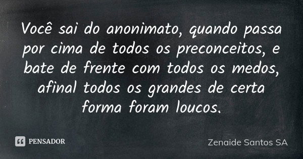 Você sai do anonimato, quando passa por cima de todos os preconceitos, e bate de frente com todos os medos, afinal todos os grandes de certa forma foram loucos.... Frase de Zenaide Santos SA.