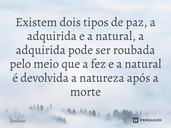⁠Existem dois tipos de paz, a adquirida e a natural, a adquirida pode ser roubada pelo meio que a fez e a natural é devolvida a natureza após a morte... Frase de Zenknat.