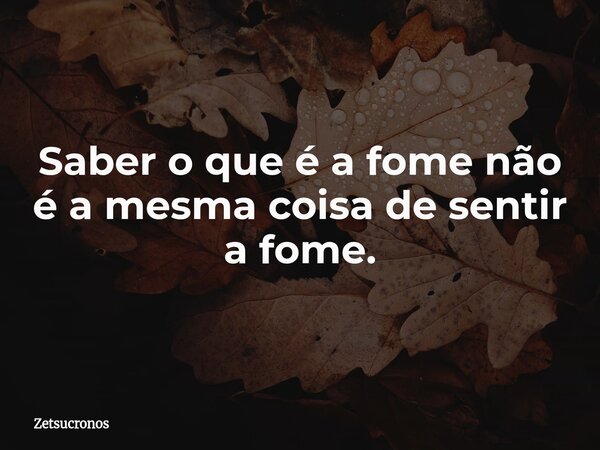 Saber o que é a fome não é a mesma coisa de sentir a fome.... Frase de zetsucronos.