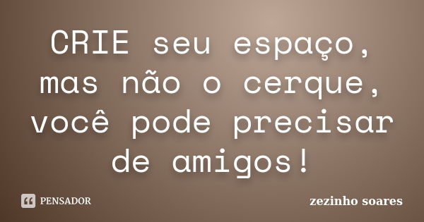 CRIE seu espaço, mas não o cerque, você pode precisar de amigos!... Frase de zezinho soares.