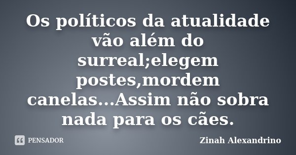 Os políticos da atualidade vão além do surreal;elegem postes,mordem canelas...Assim não sobra nada para os cães.... Frase de Zinah Alexandrino.