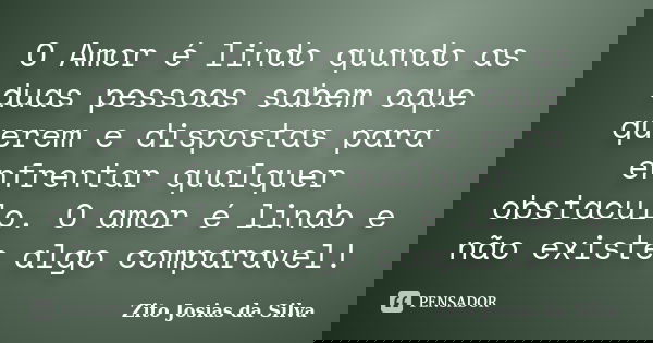 O Amor é lindo quando as duas pessoas sabem oque querem e dispostas para enfrentar qualquer obstaculo. O amor é lindo e não existe algo comparavel!... Frase de Zito Josias da Silva.