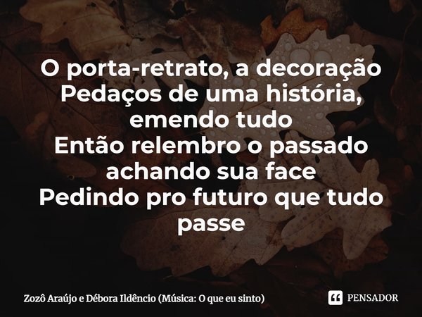 ⁠O porta-retrato, a decoração
Pedaços de uma história, emendo tudo
Então relembro o passado achando sua face
Pedindo pro futuro que tudo passe... Frase de Zozô Araújo e Débora Ildêncio (Música: O que eu sinto).