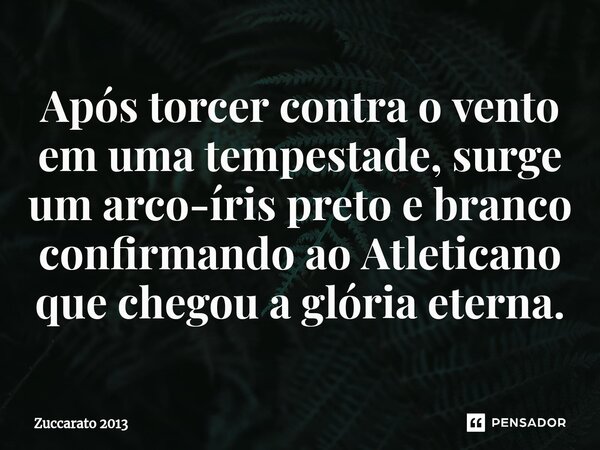 ⁠Após torcer contra o vento em uma tempestade, surge um arco-íris preto e branco confirmando ao Atleticano que chegou a glória eterna.... Frase de Zuccarato 2013.
