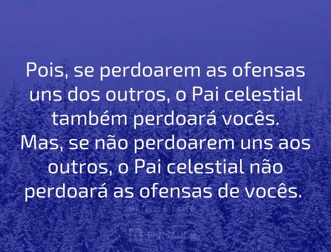 Pois, se perdoarem as ofensas uns dos outros, o Pai celestial também perdoará vocês. Mas, se não perdoarem uns aos outros, o Pai celestial não perdoará as ofensas de vocês.  Mateus 6:14-15