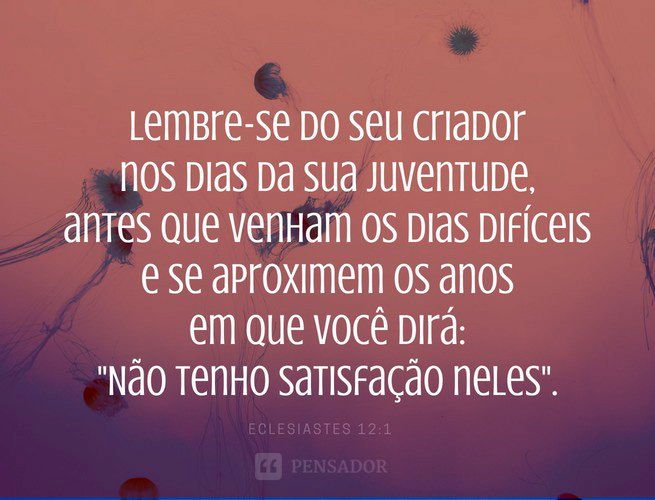 Lembre-se do seu Criador  nos dias da sua juventude,  antes que venham os dias difíceis  e se aproximem os anos  em que você dirá: 'Não tenho satisfação neles'.  Eclesiastes 12:1