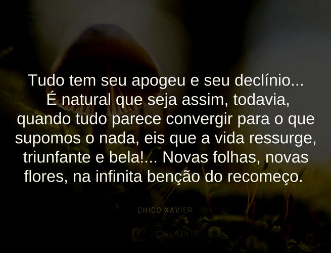 Tudo tem seu apogeu e seu declínio... É natural que seja assim, todavia, quando tudo parece convergir para o que supomos o nada, eis que a vida ressurge, triunfante e bela! Novas folhas, novas flores, na infinita benção do recomeço! Chico Xavier