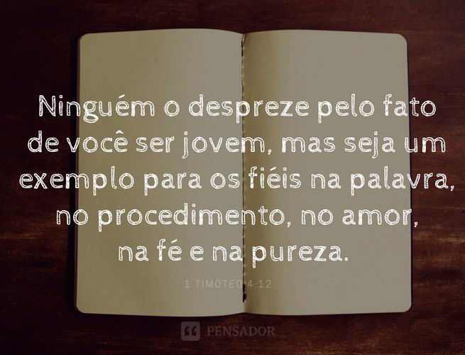 Ninguém o despreze pelo fato de você ser jovem, mas seja um exemplo para os fiéis na palavra, no procedimento, no amor, na fé e na pureza.  1 Timóteo 4:12