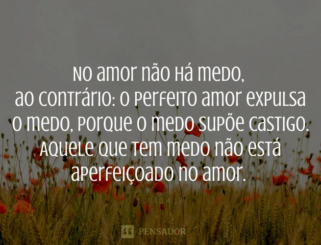 No amor não há medo; ao contrário o perfeito amor expulsa o medo, porque o medo supõe castigo. Aquele que tem medo não está aperfeiçoado no amor.  1 João 4:18