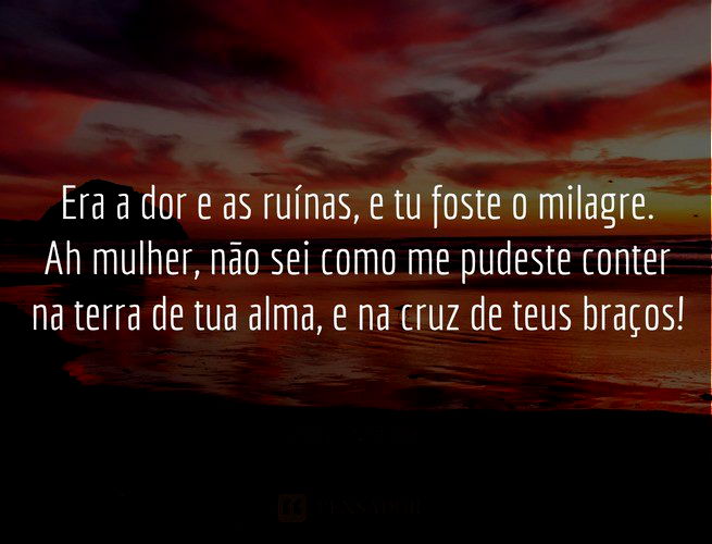 Era a dor e as ruínas, e tu foste o milagre. Ah mulher, não sei como me pudeste conter na terra de tua alma, e na cruz de teus braços! Pablo Neruda