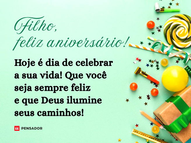 Fundo verde-claro e elementos que remetem à aniversário (presente, vela e confetes) à direita.