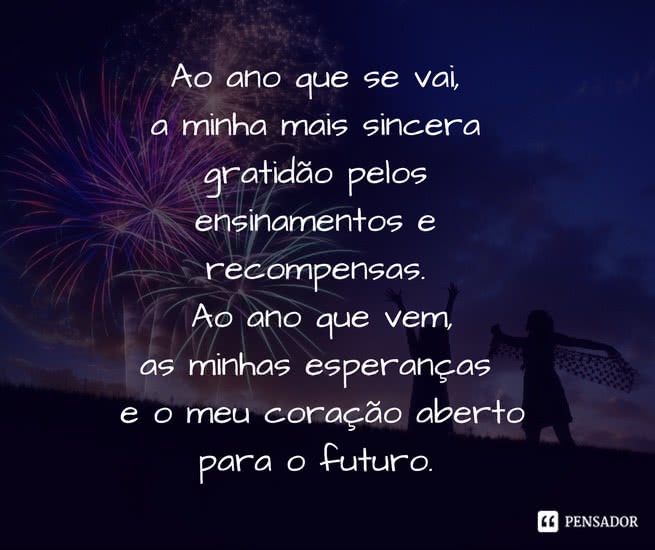 Ao ano que se vai, a minha mais sincera gratidão pelos ensinamentos e recompensas. Ao ano que vem, as minhas esperanças e o meu coração aberto para o futuro.