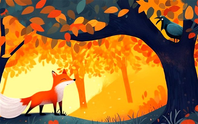 Uma raposa laranja, está olhando para um corvo sentando no alto de uma árvore