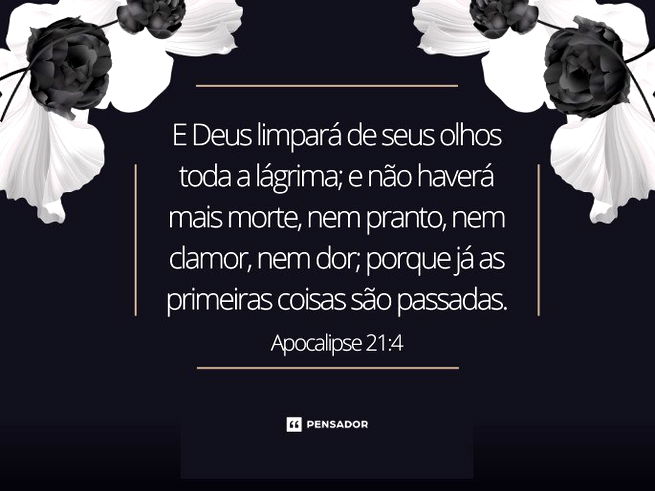 E Deus limpará de seus olhos toda a lágrima; e não haverá mais morte, nem pranto, nem clamor, nem dor; porque já as primeiras coisas são passadas.
