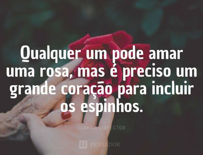Qualquer um pode amar uma rosa, mas é preciso um grande coração para incluir os espinhos.  Clarice Lispector