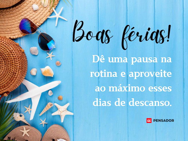 Fundo azul-claro e, no lado esquerdo, elementos que remetem a férias na praia: óculos de sol, chinelos, chapéu de palha e estrelas-do-mar.