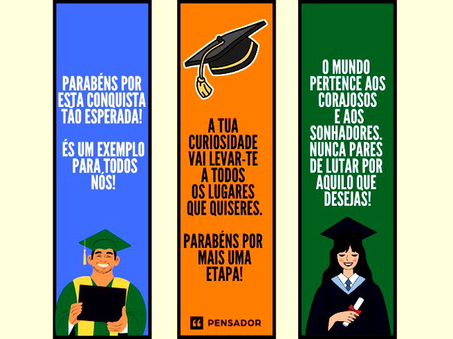 Parabéns por esta conquista tão esperada! És um exemplo para todos nós!  A tua curiosidade vai levar-te a todos os lugares que quiseres. Parabéns por mais uma etapa!  O mundo pertence aos corajosos e aos sonhadores. Nunca pares de lutar por aquilo que desejas!