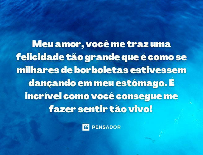 Meu amor, você me traz uma felicidade tão grande que é como se milhares de borboletas estivessem dançando em meu estômago. É incrível como você consegue me fazer sentir tão vivo!