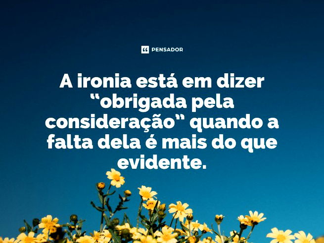 A ironia está em dizer “obrigada pela consideração” quando a falta dela é mais do que evidente.