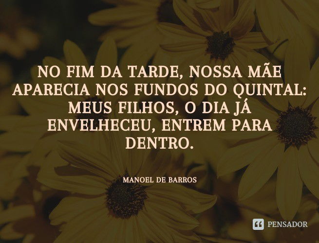 No fim da tarde, nossa mãe aparecia nos fundos do quintal: meus filhos, o dia já envelheceu, entrem pra dentro. Manoel de Barros