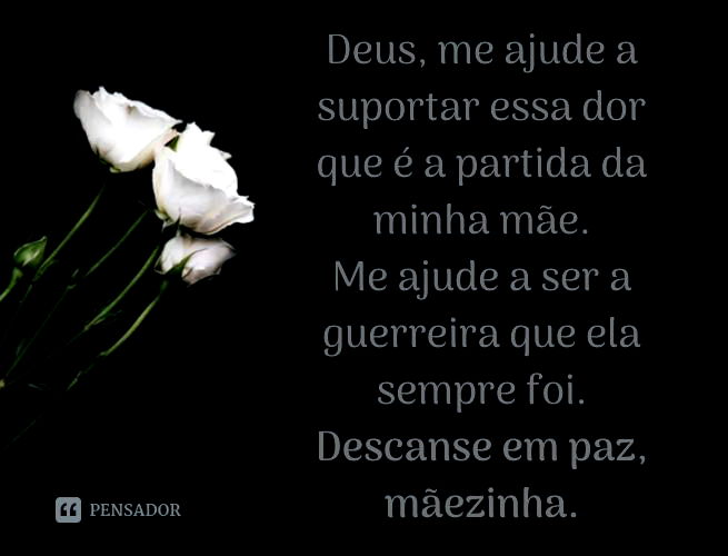 Deus, me ajude a suportar essa dor que é a partida da minha mãe. Me ajude a ser a guerreira que ela sempre foi. Descanse em paz, mãezinha.
