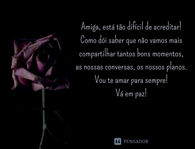 Amiga, está tão difícil de acreditar! Como dói saber que não vamos mais compartilhar tantos bons momentos, as nossas conversas, os nossos planos. Vou te amar para sempre! Vá em paz!