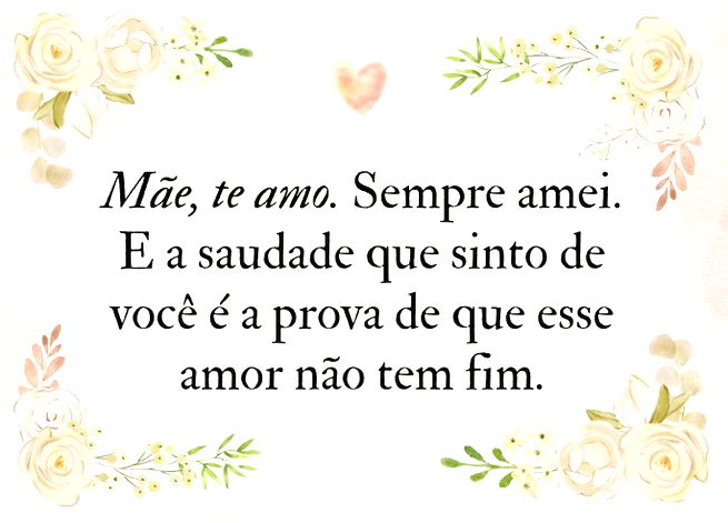 M&atilde;e, te amo. Sempre amei. E a saudade que sinto de voc&ecirc; &eacute; a prova de que esse amor n&atilde;o tem fim.&nbsp;
