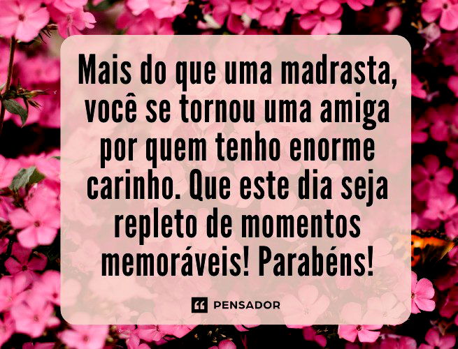Mais do que uma madrasta, você se tornou uma amiga por quem tenho enorme carinho. Que este dia seja repleto de momentos memoráveis! Parabéns!