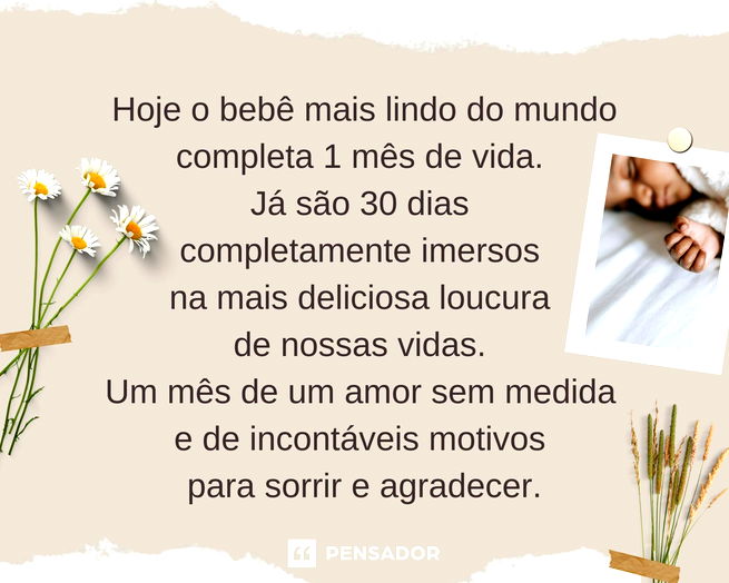 Hoje o bebê mais lindo do mundo completa 1 mês de vida.  Já são 30 dias  completamente imersos  na mais deliciosa loucura  de nossas vidas. Um mês de um amor sem medida e de incontáveis motivos para sorrir e agradecer.