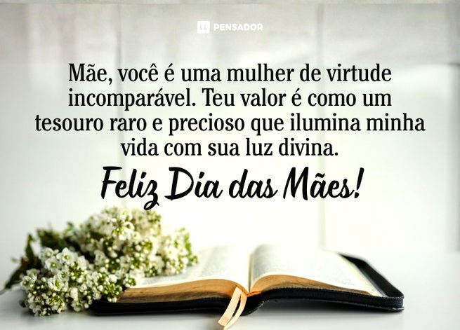 &ldquo;Mulher virtuosa, quem a achar&aacute;? O seu valor muito excede o de rubis." - Prov&eacute;rbios 31:10  M&atilde;e, voc&ecirc; &eacute; uma mulher de virtude incompar&aacute;vel. Teu valor &eacute; como um tesouro raro e precioso que ilumina minha vida com sua luz divina. Feliz Dia das M&atilde;es!&nbsp;