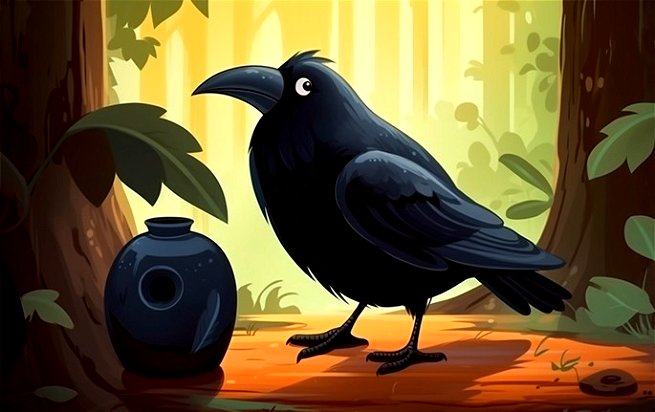 Um corvo amigável está ao lado de um pote de água reflexivo em meio floresta