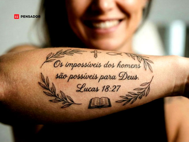 Mulher com tatuagem no ra&ccedil;o escrito &ldquo;Os imposs&iacute;veis dos homens s&atilde;o poss&iacute;veis para Deus."