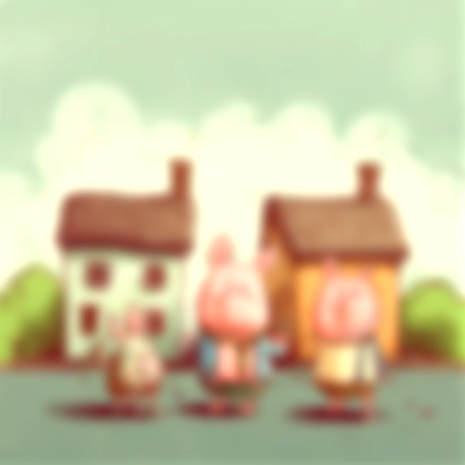 Os três porquinhos da história infantil, na frente de casas construídas na floresta