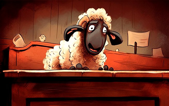 Uma ovelha, muito assustada, sentada no banco do réu em um julgamento