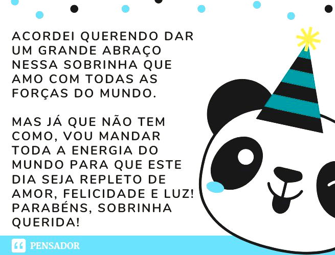 Acordei querendo dar um grande abraço nessa sobrinha que amo com todas as forças do mundo. Mas já que não tem como, vou mandar toda a energia do mundo para que este dia seja repleto de amor, felicidade e luz! Parabéns, sobrinha querida!