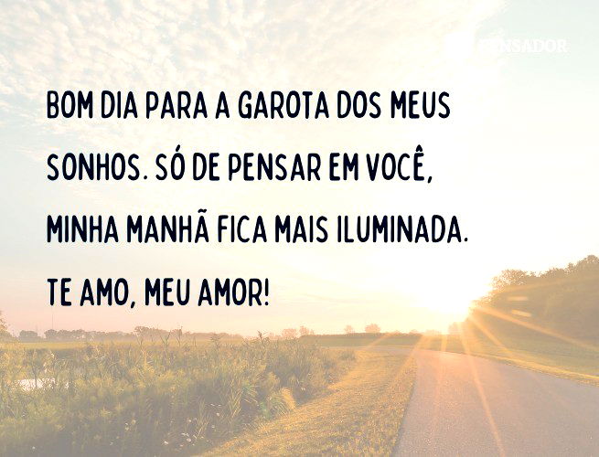 Bom dia para a garota dos meus sonhos. Só de pensar em você, minha manhã fica mais iluminada. Te amo, meu amor!