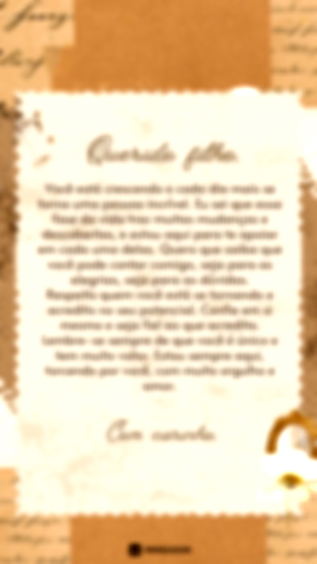 Carta para Filho Adolescente  Querido filho,  Você está crescendo e cada dia mais se torna uma pessoa incrível. Eu sei que essa fase da vida traz muitas mudanças e descobertas, e estou aqui para te apoiar em cada uma delas. Quero que saiba que você pode contar comigo, seja para as alegrias, seja para as dúvidas.  Respeito quem você está se tornando e acredito no seu potencial. Confie em si mesmo e seja fiel ao que acredita. Lembre-se sempre de que você é único e tem muito valor. Estou sempre aqui, torcendo por você, com muito orgulho e amor.  Com carinho,