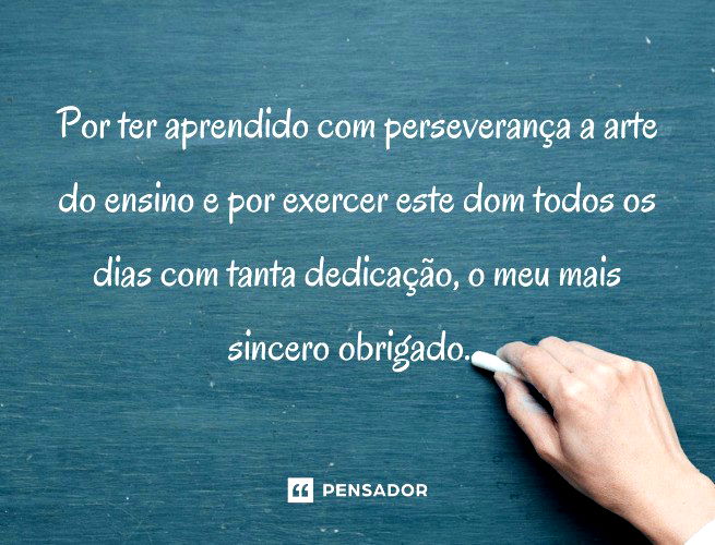 Por ter aprendido com perseverança a arte do ensino e por exercer este dom todos os dias com tanta dedicação, o meu mais sincero agradecimento.