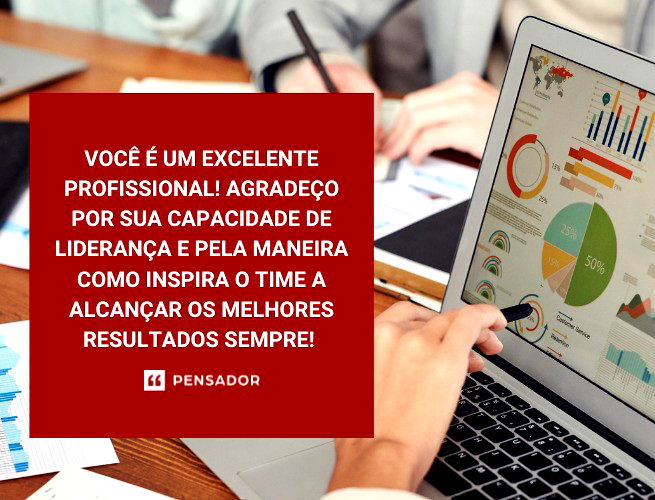 Você é um excelente profissional! Agradeço por sua capacidade de liderança e pela maneira como inspira o time a alcançar os melhores resultados sempre!