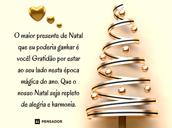 O maior presente de Natal que eu poderia ganhar é você! Gratidão por estar ao seu lado nesta época mágica do ano. Que o nosso Natal seja repleto de alegria e harmonia.