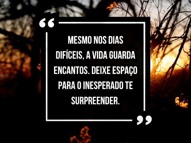 Mesmo nos dias difíceis, a vida guarda encantos. Deixe espaço para o inesperado te surpreender.
