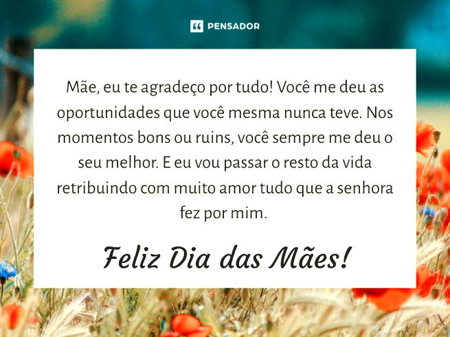 M&atilde;e, eu te agrade&ccedil;o por tudo! Voc&ecirc; me deu as oportunidades que voc&ecirc; mesma nunca teve. Nos momentos bons ou ruins, voc&ecirc; sempre me deu o seu melhor. E eu vou passar o resto da vida retribuindo com muito amor tudo que a senhora fez por mim. Feliz Dia das M&atilde;es!&nbsp;