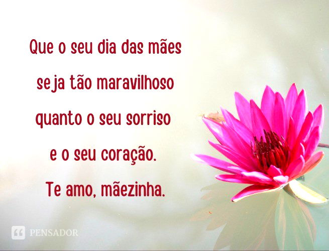 Que o seu dia das mães seja tão maravilhoso quanto o seu sorriso e o seu coração. Te amo, mãezinha.