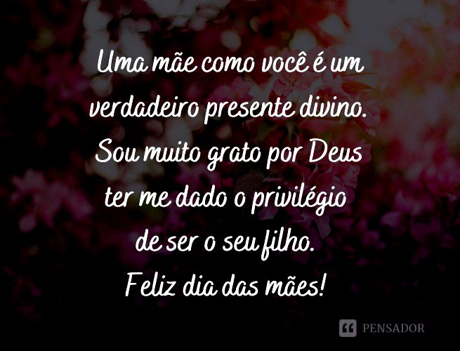 Uma mãe como você é um verdadeiro presente divino. Sou muito grato por Deus ter me dado o privilégio de ser o seu filho. Feliz dia das mães!