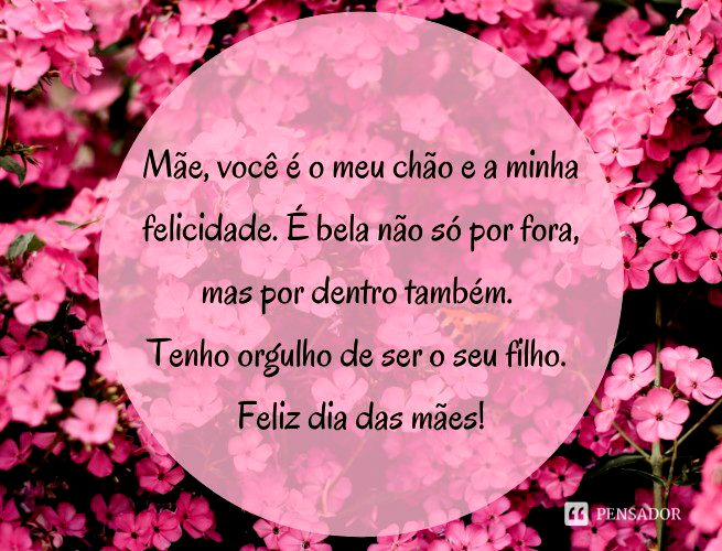 Mãe, você é o meu chão e a minha felicidade. É bela não só por fora, mas por dentro também. Tenho orgulho de ser o seu filho. Feliz dia das mães!