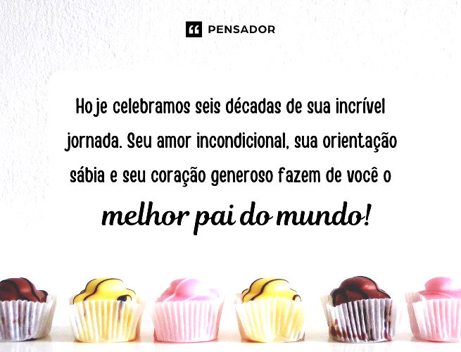 Hoje celebramos seis décadas de sua incrível jornada. Seu amor incondicional, sua orientação sábia e seu coração generoso fazem de você o melhor pai do mundo! 