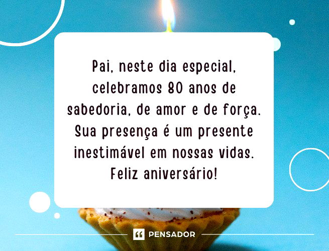 Pai, neste dia especial, celebramos 80 anos de sabedoria, de amor e de força. Sua presença é um presente inestimável em nossas vidas. Feliz aniversário! 