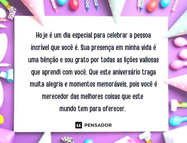 Feliz aniversário, pai-drasto! Hoje é um dia especial para celebrar a pessoa incrível que você é. Sua presença em minha vida é uma bênção e sou grato por todas as lições valiosas que aprendi com você. Que este aniversário traga muita alegria e momentos memoráveis, pois você é merecedor das melhores coisas que este mundo tem para oferecer.