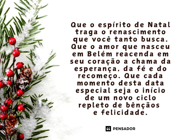 Que o espírito de Natal traga o renascimento que você tanto busca. Que o amor que nasceu em Belém reacenda em seu coração a chama da esperança, da fé e do recomeço. Que cada momento desta data especial seja o início de um novo ciclo repleto de bênçãos e felicidade.