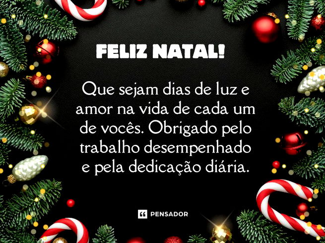 Feliz Natal! Que sejam dias de luz e amor na vida de cada um de vocês. Obrigado pelo trabalho desempenhado e pela dedicação diária.